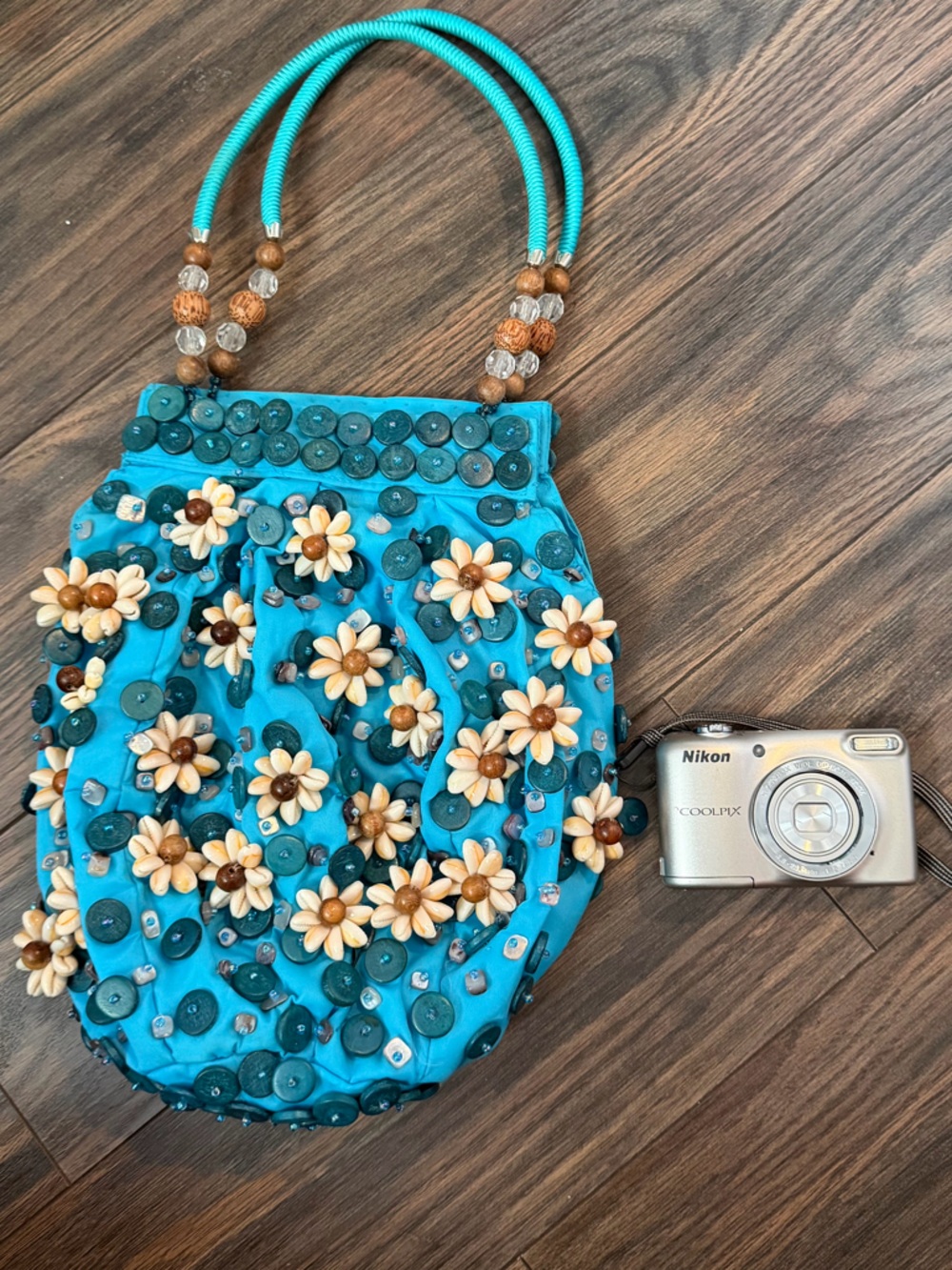 Turquoise Floral Beaded Handbag